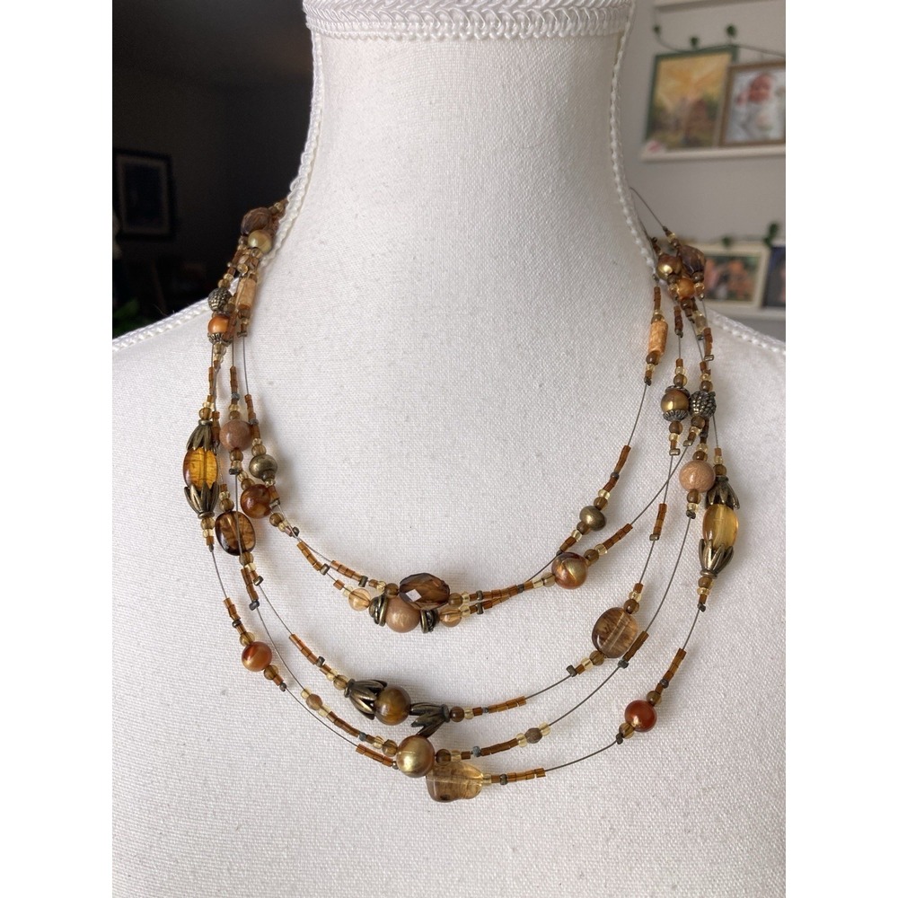 Layered Boho Beaded Necklace Earthy Browns Gold Tone Multi Strand Artsy India